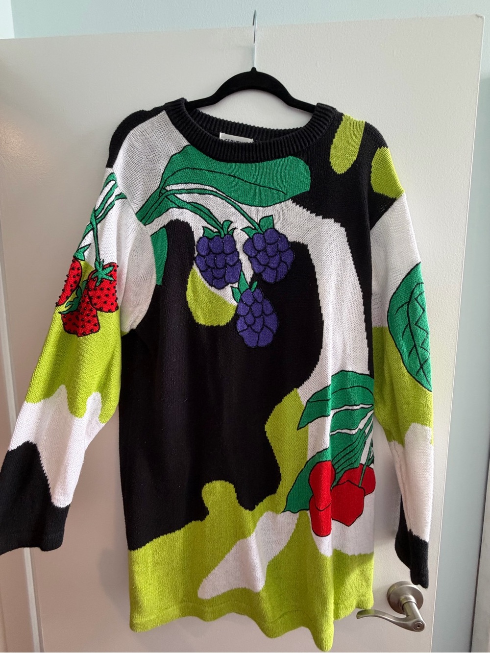 Vintage Black Multicolor Fruit-Print Embellished Knit Sweater Dress